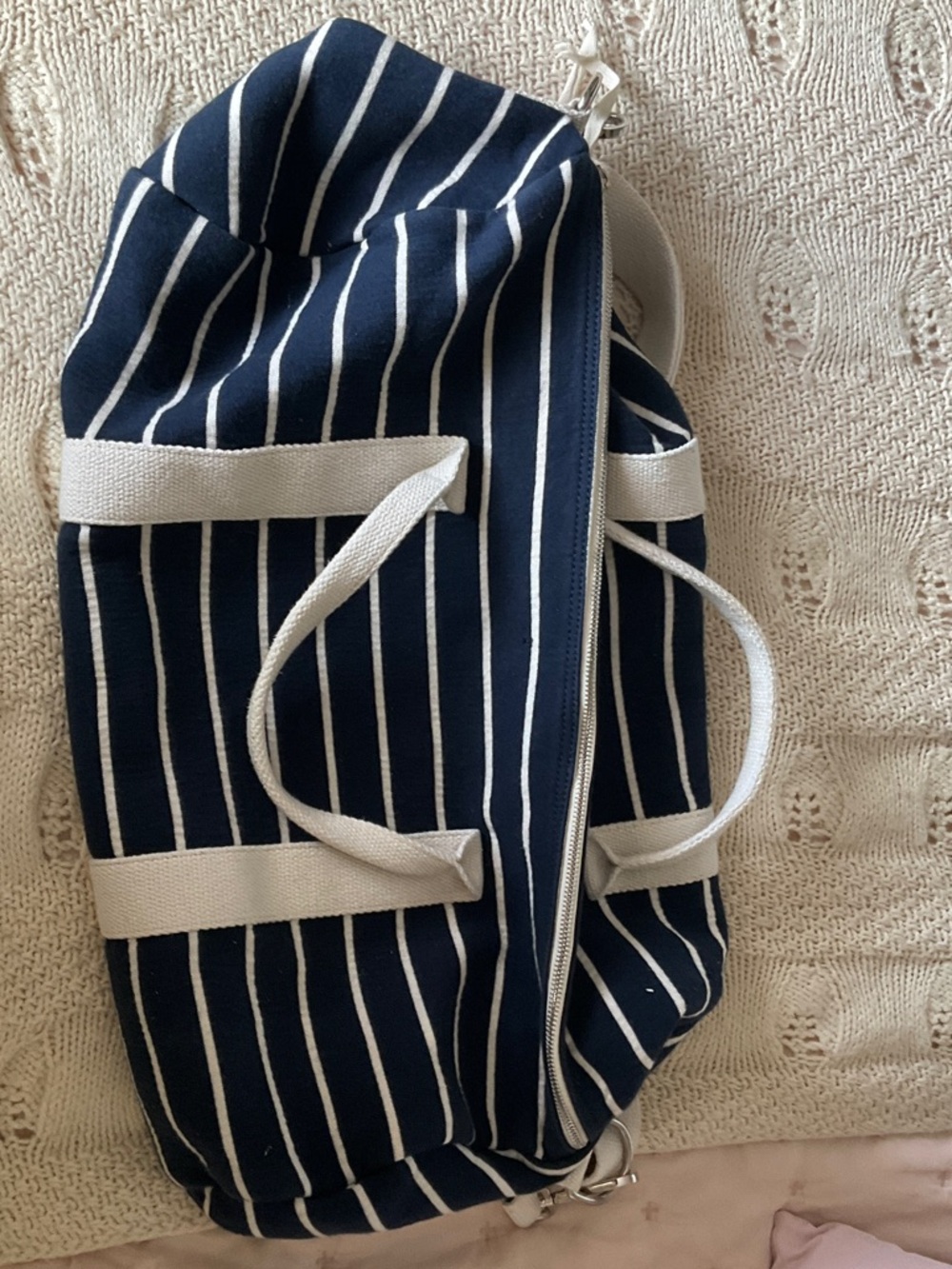 Brandy Melville Navy and White Striped Canvas Duffel